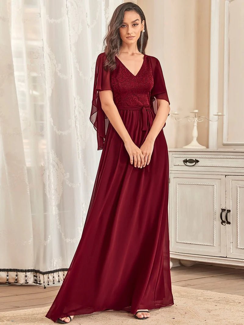 Lace Top Flowy Cape Evening Dress - CALABRO®