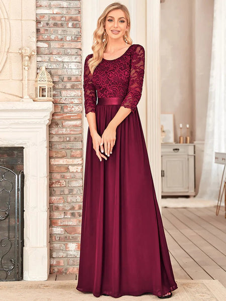 Lace Top Three Quarter Sleeve Flowy Bridesmaid Dress - CALABRO®