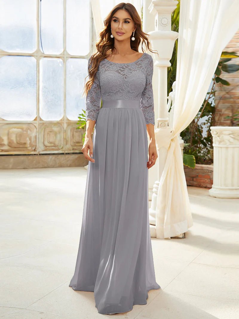 Lace Top Three Quarter Sleeve Flowy Bridesmaid Dress - CALABRO®