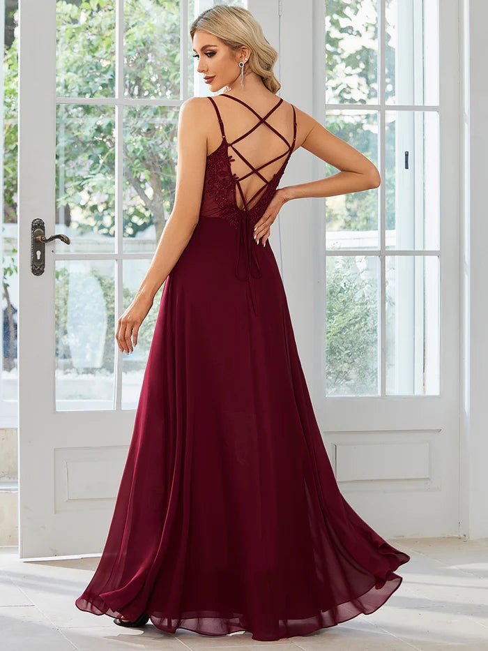 Lace V Back Chiffon Evening Dress - CALABRO®