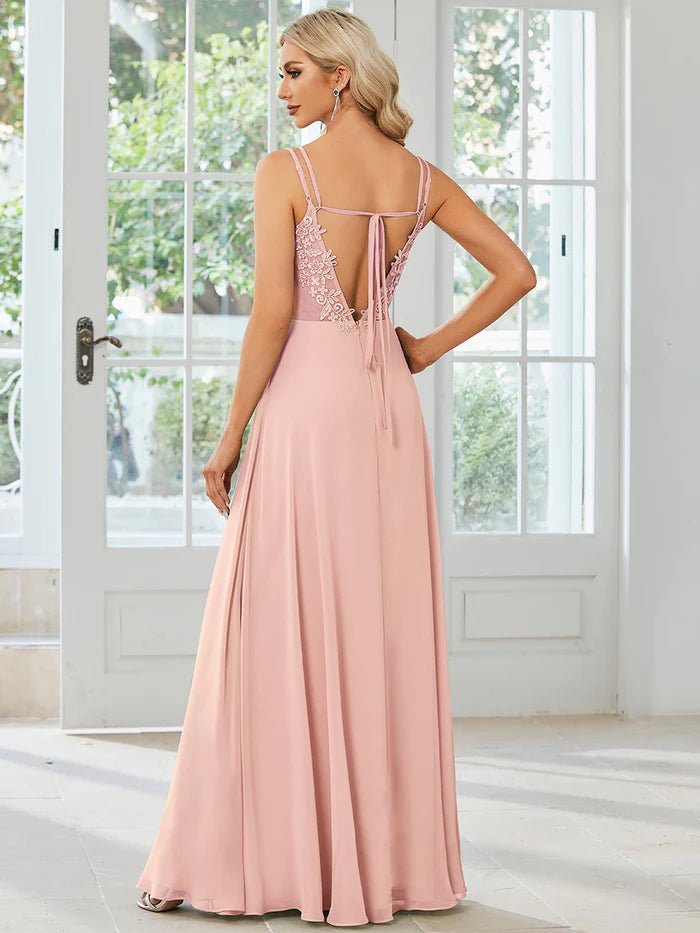 Lace V Back Chiffon Evening Dress - CALABRO®