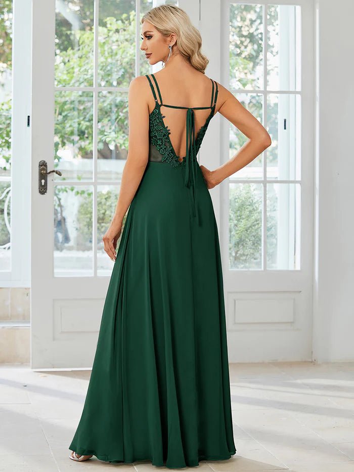 Lace V Back Chiffon Evening Dress - CALABRO®