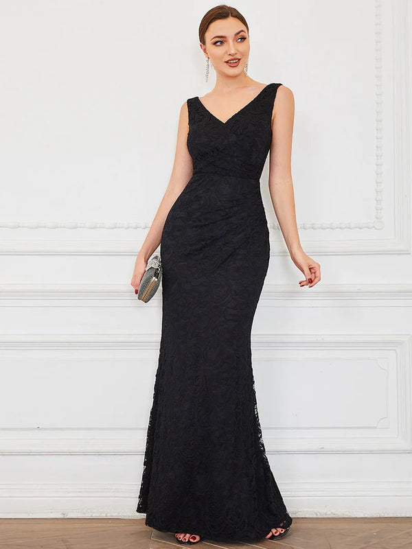 Lace V-Neck Fitted Evening Dress - CALABRO®