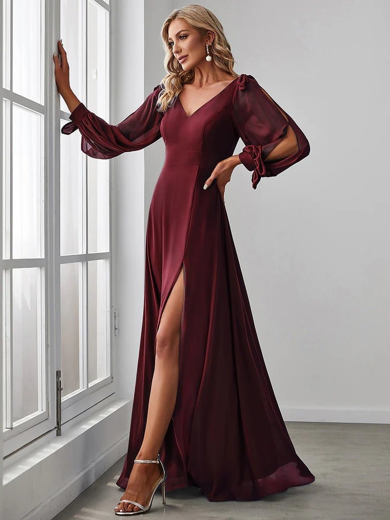 Long Lantern Sleeves A Line V Neck Bridesmaid Dresses - CALABRO®