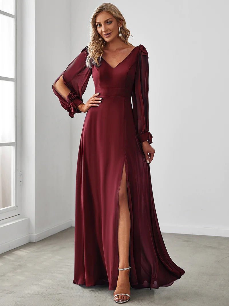 Long Lantern Sleeves A Line V Neck Bridesmaid Dresses - CALABRO®