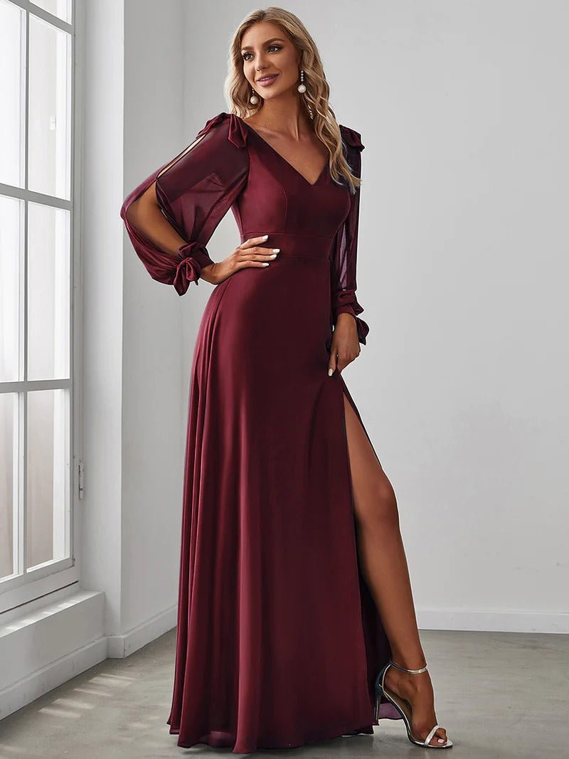 Long Lantern Sleeves A Line V Neck Bridesmaid Dresses - CALABRO®