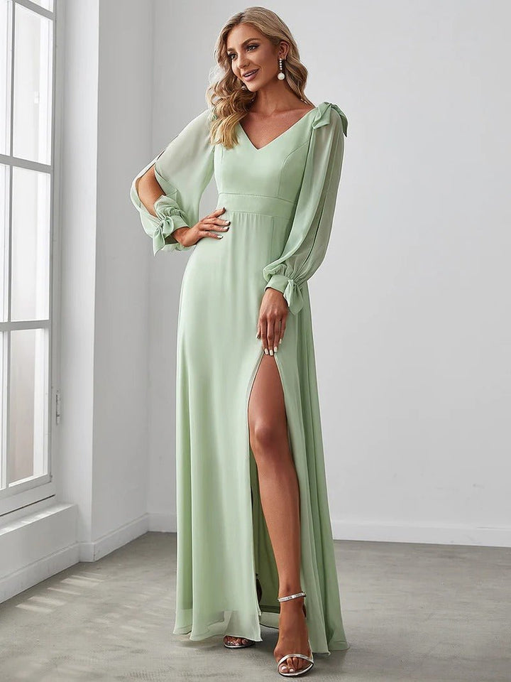 Long Lantern Sleeves A Line V Neck Bridesmaid Dresses - CALABRO®