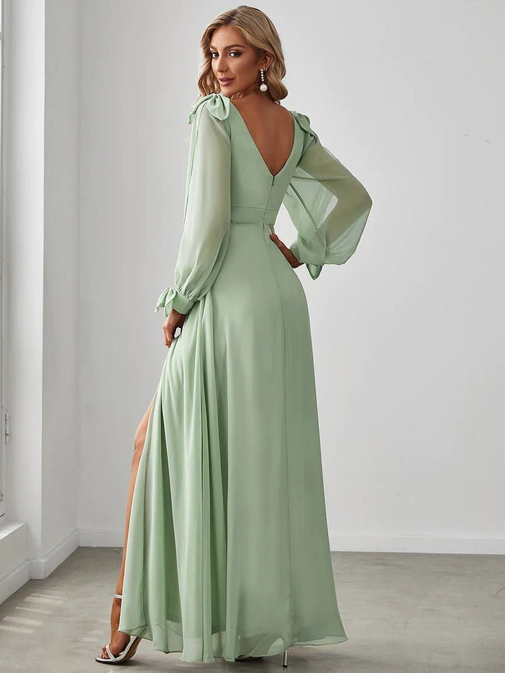 Long Lantern Sleeves A Line V Neck Bridesmaid Dresses - CALABRO®