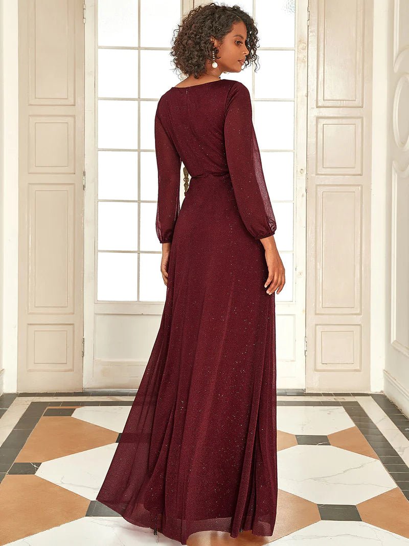 Long Sleeve V-Neck Thigh Slit Bridesmaid Dress - CALABRO®