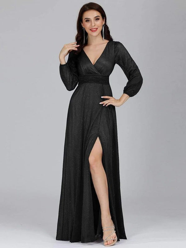 Long Sleeve V-Neck Thigh Slit Bridesmaid Dress