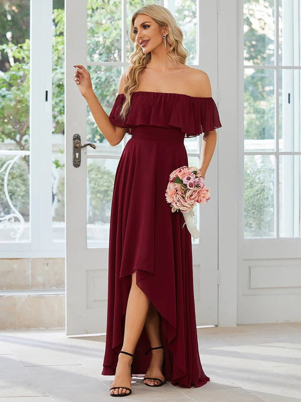 Burgundy off hotsell shoulder bridesmaid dress