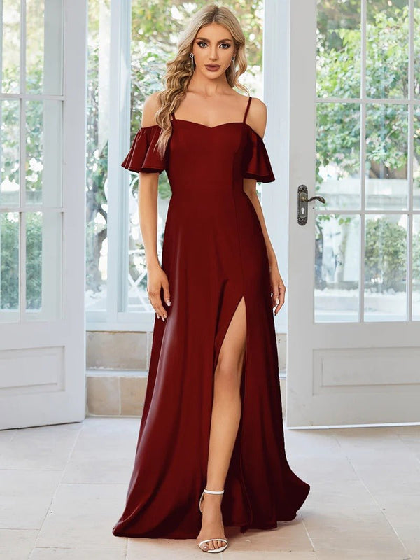 Off Shoulder Floor Length A Line Sleeveless Knitted Formal Dresses