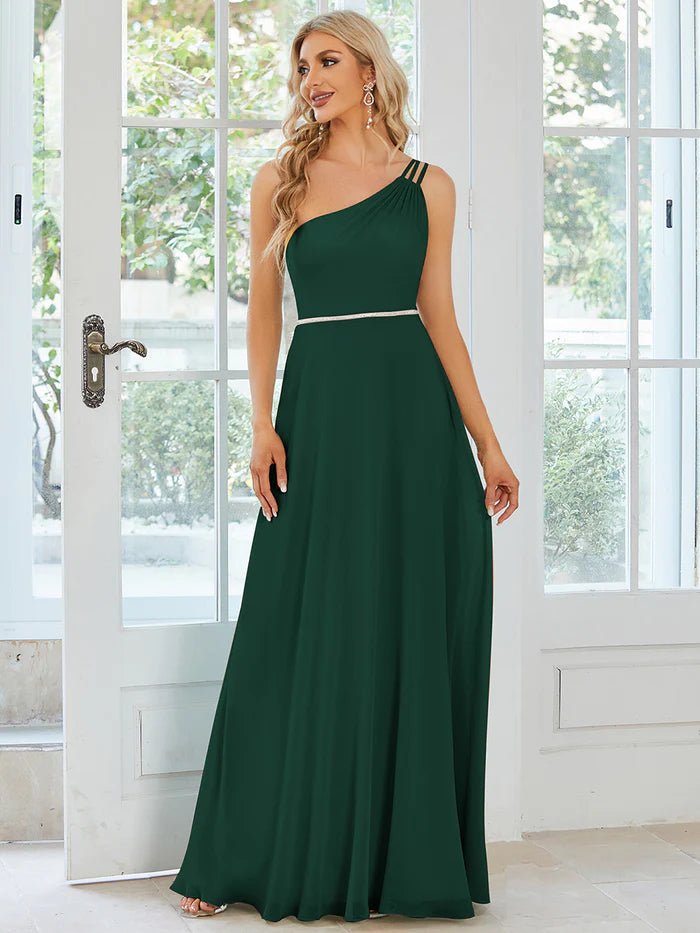 One Shoulder Beaded Chiffon Evening Dress - CALABRO®