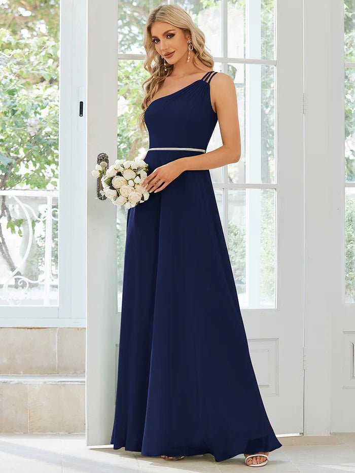 One Shoulder Beaded Chiffon Evening Dress - CALABRO®