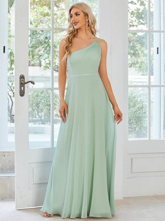 One Shoulder Beaded Chiffon Evening Dress - CALABRO®