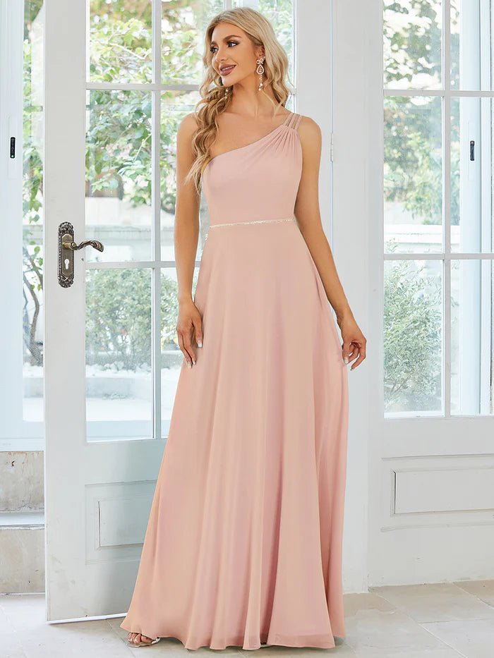 One Shoulder Beaded Chiffon Evening Dress - CALABRO®