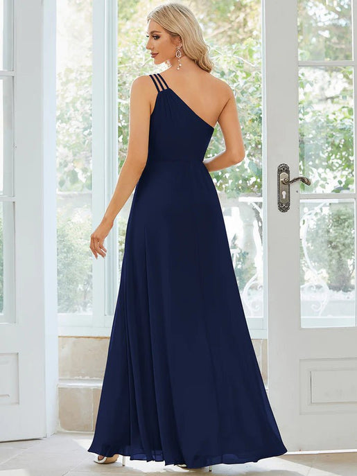 One Shoulder Beaded Chiffon Evening Dress Online Fashion Shopping