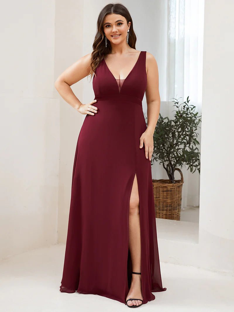 Plunging Neckline Fitted Sleeveless Plus Size Evening Dress - CALABRO®