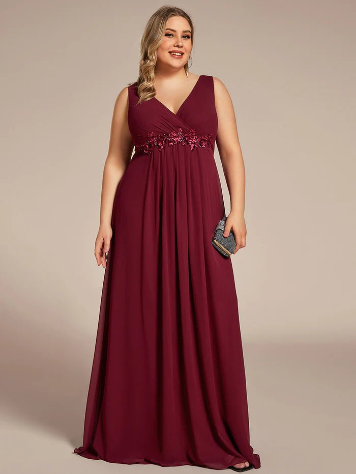 Plus A-Line V Neck Appliques Ruched  Evening Dresses - CALABRO®