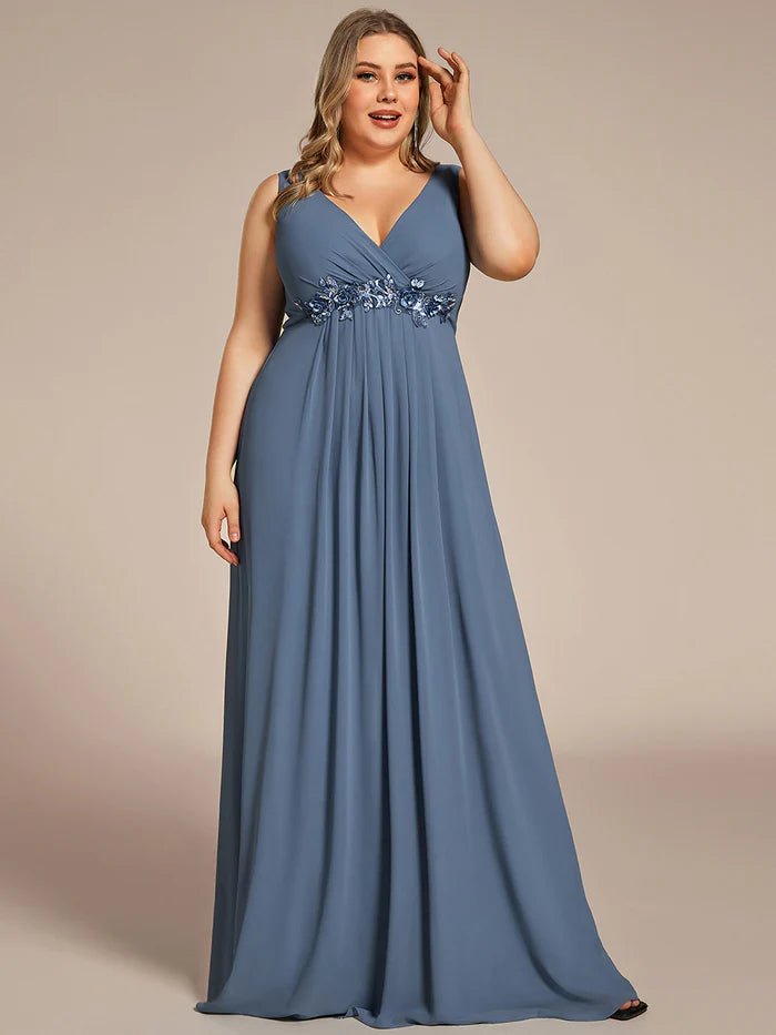 Plus A-Line V Neck Appliques Ruched  Evening Dresses - CALABRO®