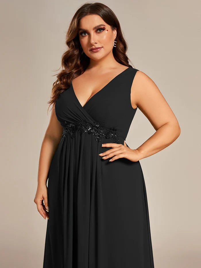 Plus A-Line V Neck Appliques Ruched  Evening Dresses - CALABRO®