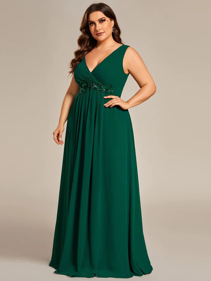 Plus A-Line V Neck Appliques Ruched  Evening Dresses - CALABRO®