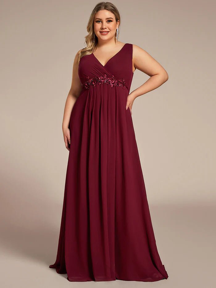 Plus A-Line V Neck Appliques Ruched  Evening Dresses - CALABRO®