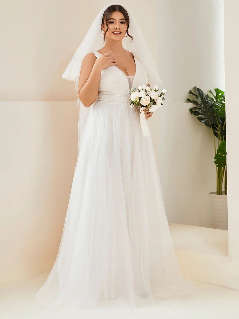 Plus Backless A Line Sleeveless Wedding Dresses with Deep V Neck - CALABRO®