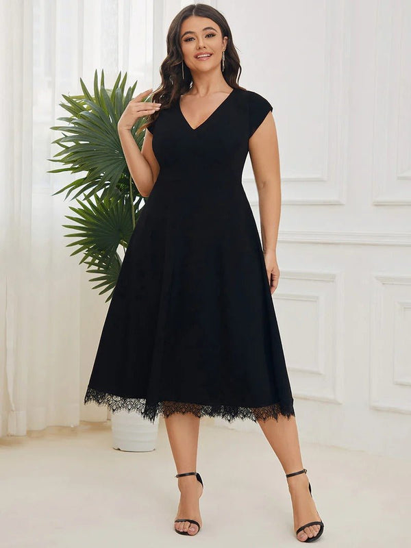 Plus Deep V Neck Cover Sleeves A Line Knee Length Evening Dresses