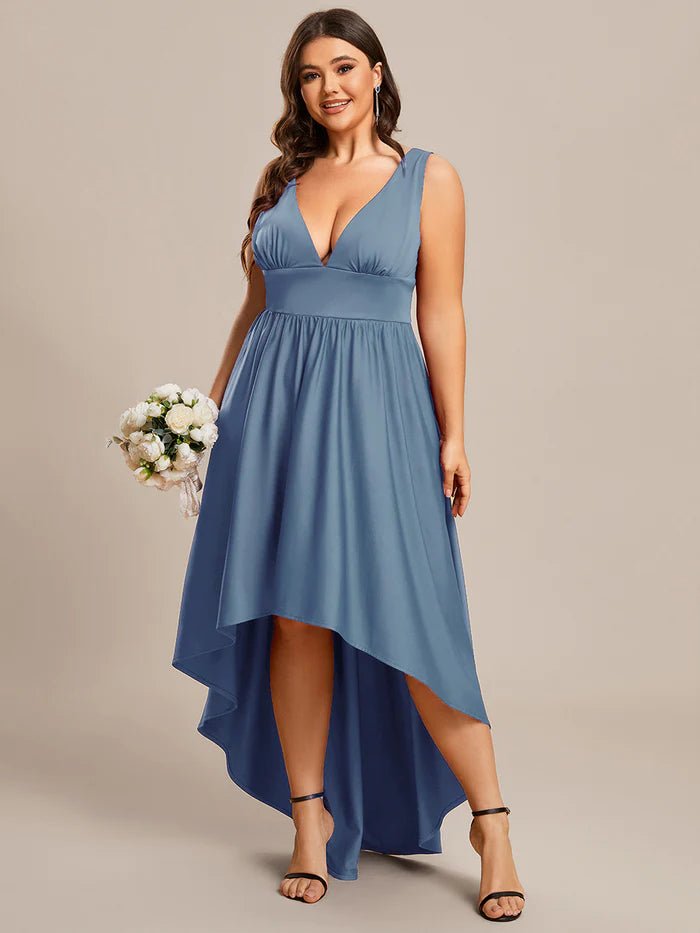 Plus High Low Deep V Neck Sleeveless Plus Size Evening Dress - CALABRO®