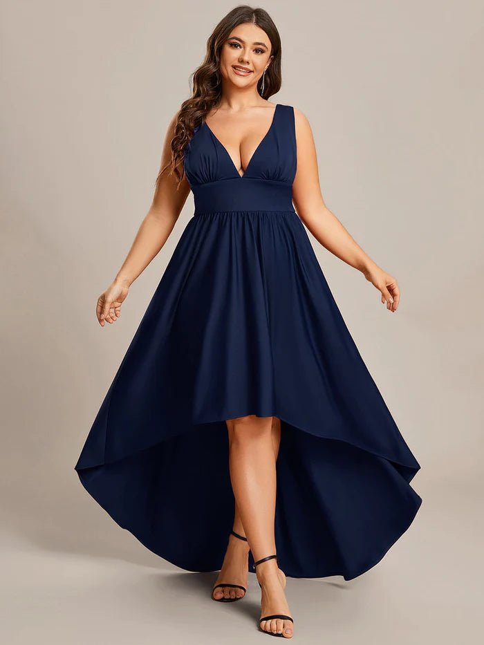 Plus High Low Deep V Neck Sleeveless Plus Size Evening Dress - CALABRO®