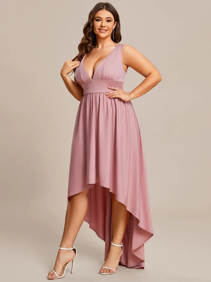 Plus High Low Deep V Neck Sleeveless Plus Size Evening Dress - CALABRO®