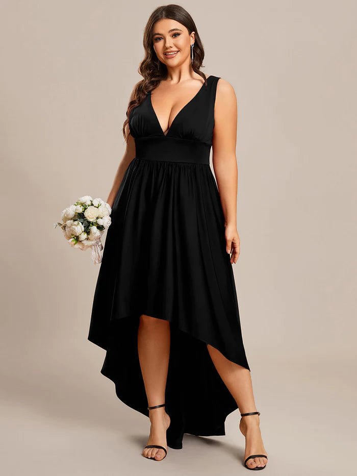 Plus High Low Deep V Neck Sleeveless Plus Size Evening Dress - CALABRO®