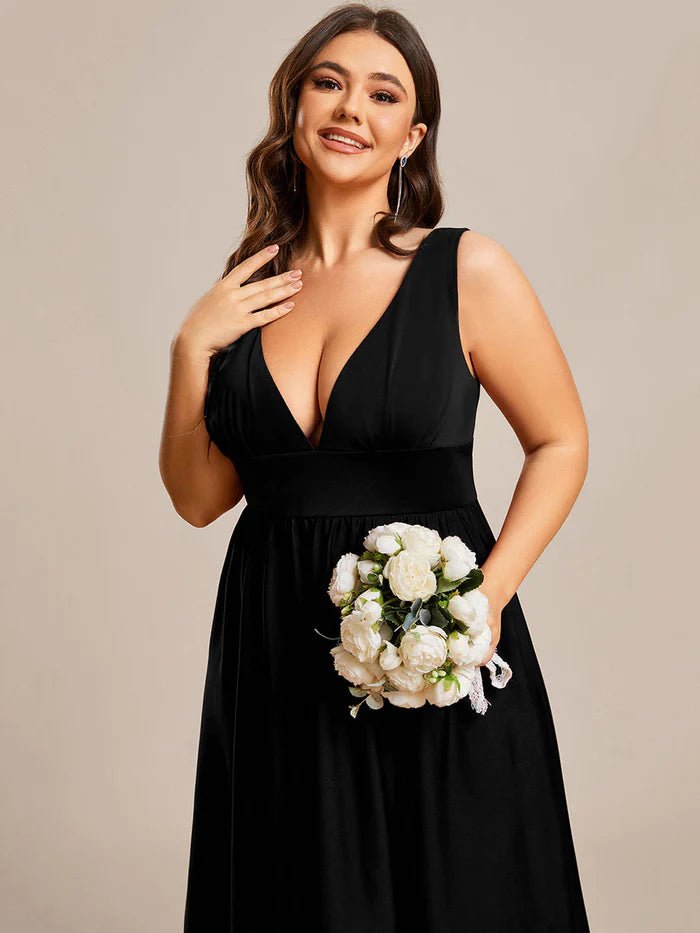 Plus High Low Deep V Neck Sleeveless Plus Size Evening Dress - CALABRO®