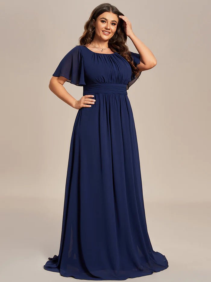 Plus Round Neck Pleated Evening Dress - CALABRO®