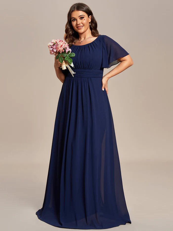 Plus Round Neck Pleated Evening Dress - CALABRO®