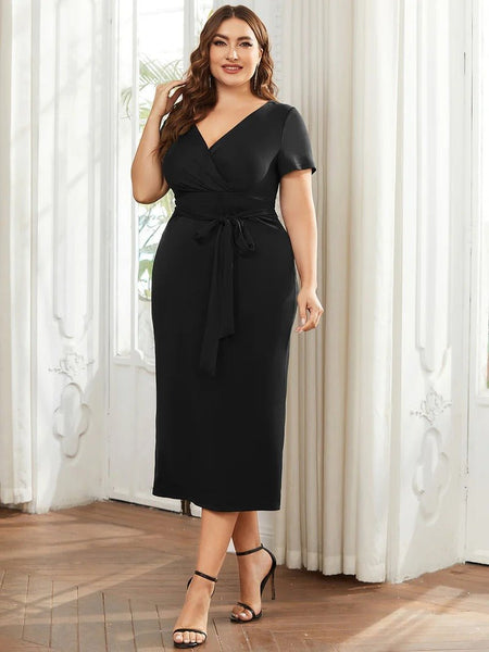 Plus Size Deep V Neck Short Sleeve Cocktail Dresses With Belt - CALABRO®