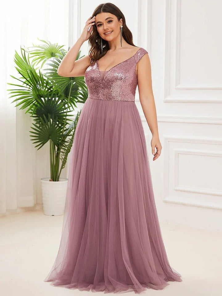 Plus Size High Waist Tulle & Sequin Sleeveless Evening Dress EE00277 - CALABRO®