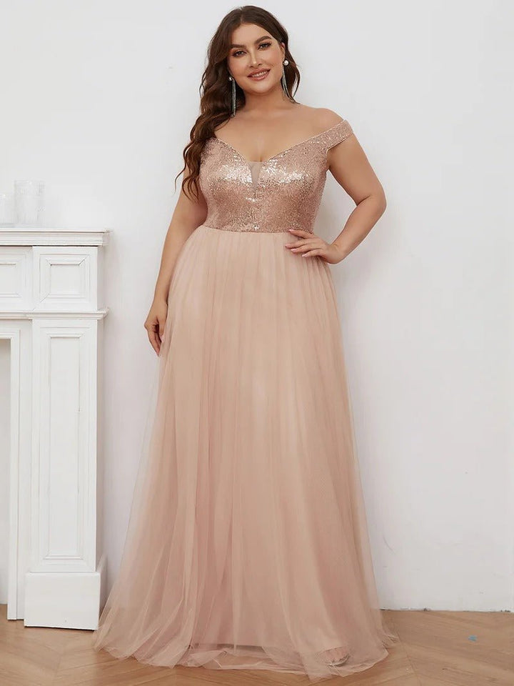 Plus Size High Waist Tulle & Sequin Sleeveless Evening Dress EE00277 - CALABRO®