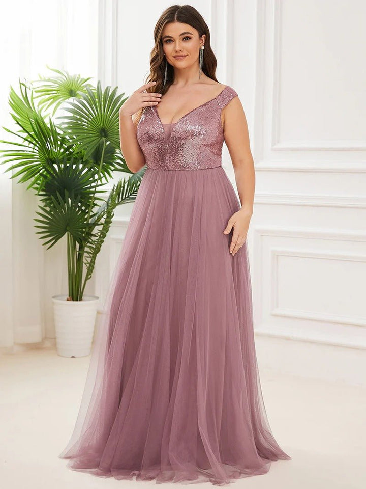 Plus Size High Waist Tulle & Sequin Sleeveless Evening Dress EE00277 - CALABRO®