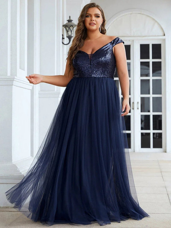 Plus Size High Waist Tulle & Sequin Sleeveless Evening Dress EE00277 - CALABRO®