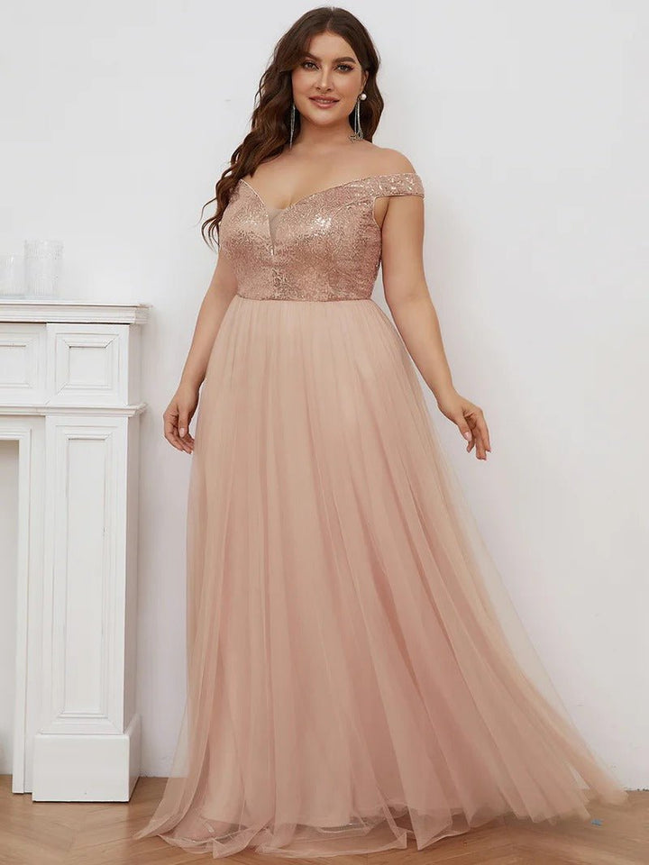 Plus Size High Waist Tulle & Sequin Sleeveless Evening Dress EE00277 - CALABRO®