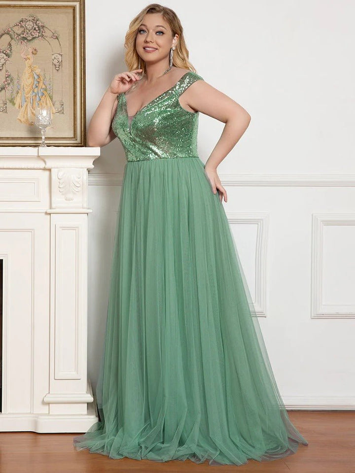 Plus Size High Waist Tulle & Sequin Sleeveless Evening Dress EE00277 - CALABRO®