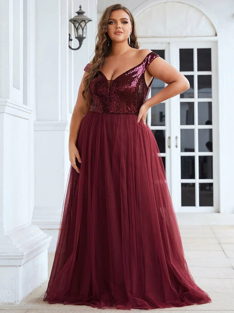 Plus Size High Waist Tulle & Sequin Sleeveless Evening Dress EE00277 - CALABRO®