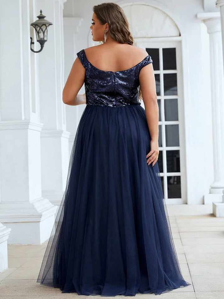 Plus Size High Waist Tulle & Sequin Sleeveless Evening Dress EE00277 - CALABRO®