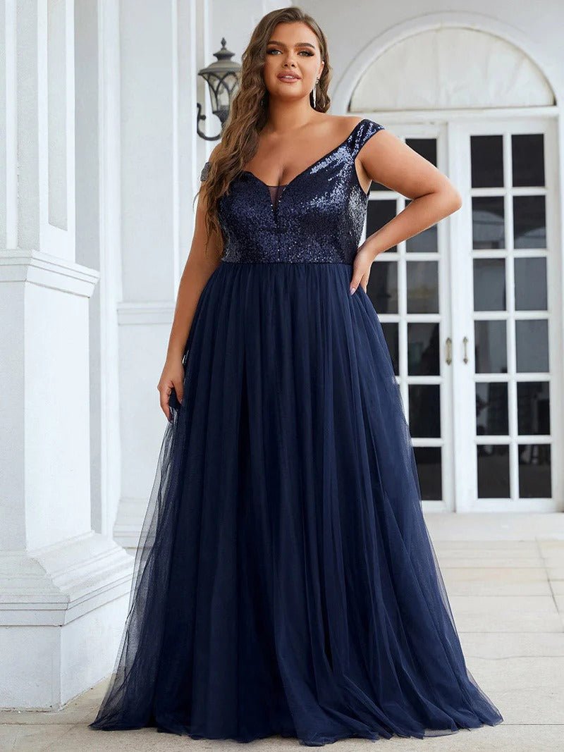 Plus Size High Waist Tulle & Sequin Sleeveless Evening Dress EE00277 - CALABRO®