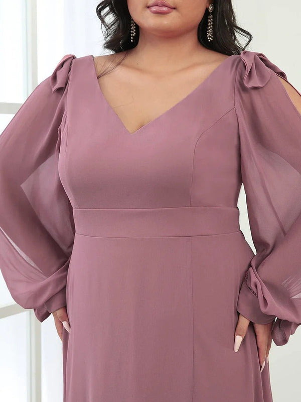 Plus Size Long Lantern Sleeves A Line V Neck Bridesmaid Dresses - CALABRO®