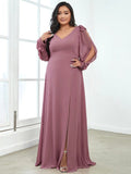 Plus Size Long Lantern Sleeves A Line V Neck Bridesmaid Dresses - CALABRO®