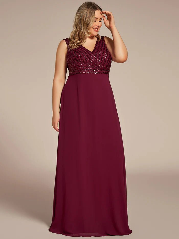 Plus-Sleeveless VNeck Sequin & Chiffon Evening Dresses - CALABRO®