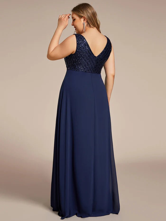 Plus-Sleeveless VNeck Sequin & Chiffon Evening Dresses - CALABRO®